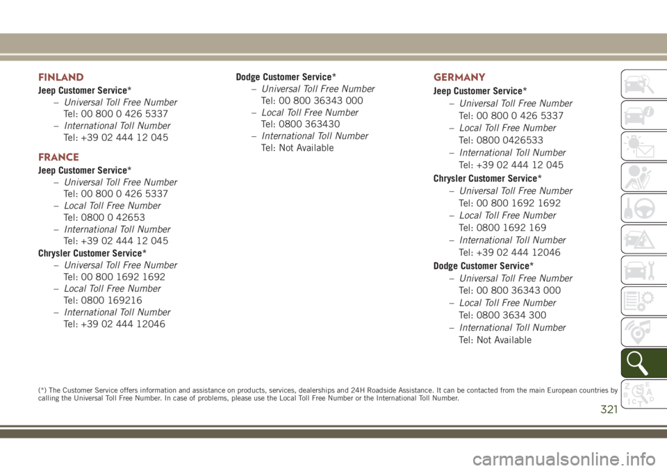 JEEP COMPASS 2018 Owner handbook (in English) FINLAND
Jeep Customer Service*
–Universal Toll Free Number
Tel: 00 800 0 426 5337
–International Toll Number
Tel: +39 02 444 12 045
FRANCE
Jeep Customer Service*
–Universal Toll Free Number
Tel: JEEP COMPASS 2018 Owner handbook (in English) FINLAND
Jeep Customer Service*
–Universal Toll Free Number
Tel: 00 800 0 426 5337
–International Toll Number
Tel: +39 02 444 12 045
FRANCE
Jeep Customer Service*
–Universal Toll Free Number
Tel: