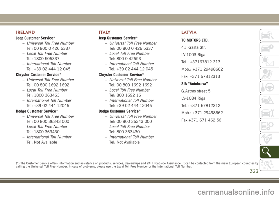 JEEP COMPASS 2018 Owner handbook (in English) IRELAND
Jeep Customer Service*
–Universal Toll Free Number
Tel: 00 800 0 426 5337
–Local Toll Free Number
Tel: 1800 505337
–International Toll Number
Tel: +39 02 444 12 045
Chrysler Customer Ser JEEP COMPASS 2018 Owner handbook (in English) IRELAND
Jeep Customer Service*
–Universal Toll Free Number
Tel: 00 800 0 426 5337
–Local Toll Free Number
Tel: 1800 505337
–International Toll Number
Tel: +39 02 444 12 045
Chrysler Customer Ser