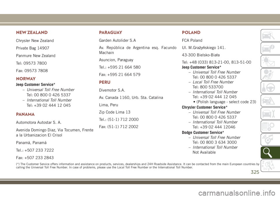 JEEP COMPASS 2018 Owner handbook (in English) NEW ZEALAND
Chrysler New Zealand
Private Bag 14907
Panmure New Zealand
Tel: 09573 7800
Fax: 09573 7808
NORWAY
Jeep Customer Service*
–Universal Toll Free Number
Tel: 00 800 0 426 5337
–Internation JEEP COMPASS 2018 Owner handbook (in English) NEW ZEALAND
Chrysler New Zealand
Private Bag 14907
Panmure New Zealand
Tel: 09573 7800
Fax: 09573 7808
NORWAY
Jeep Customer Service*
–Universal Toll Free Number
Tel: 00 800 0 426 5337
–Internation