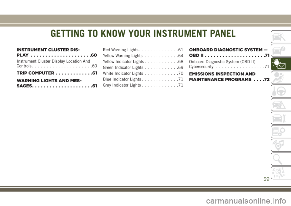 JEEP COMPASS 2018 Owner handbook (in English) GETTING TO KNOW YOUR INSTRUMENT PANEL
INSTRUMENT CLUSTER DIS-
PLAY .....................60
Instrument Cluster Display Location And
Controls.....................60
TRIP COMPUTER.............61
WARNING JEEP COMPASS 2018 Owner handbook (in English) GETTING TO KNOW YOUR INSTRUMENT PANEL
INSTRUMENT CLUSTER DIS-
PLAY .....................60
Instrument Cluster Display Location And
Controls.....................60
TRIP COMPUTER.............61
WARNING