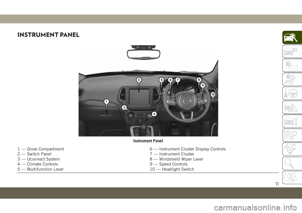 JEEP COMPASS 2019  Owner handbook (in English) INSTRUMENT PANEL
Instrument Panel
1 — Glove Compartment 6 — Instrument Cluster Display Controls
2 — Switch Panel 7 — Instrument Cluster
3 — Uconnect System 8 — Windshield Wiper Lever
4 —