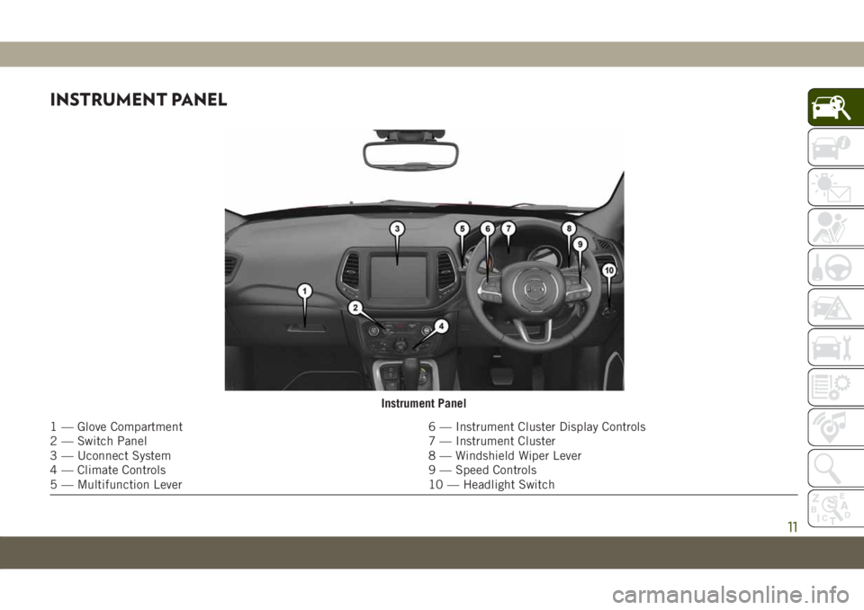 JEEP COMPASS 2019 Owner handbook (in English) INSTRUMENT PANEL
Instrument Panel
1 — Glove Compartment 6 — Instrument Cluster Display Controls
2 — Switch Panel 7 — Instrument Cluster
3 — Uconnect System 8 — Windshield Wiper Lever
4 — JEEP COMPASS 2019 Owner handbook (in English) INSTRUMENT PANEL
Instrument Panel
1 — Glove Compartment 6 — Instrument Cluster Display Controls
2 — Switch Panel 7 — Instrument Cluster
3 — Uconnect System 8 — Windshield Wiper Lever
4 —