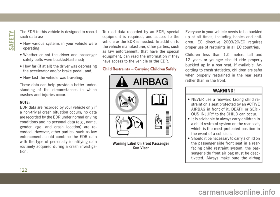 JEEP COMPASS 2019 Owner handbook (in English) The EDR in this vehicle is designed to record
such data as:
• How various systems in your vehicle were
operating;
• Whether or not the driver and passenger
safety belts were buckled/fastened;
• JEEP COMPASS 2019 Owner handbook (in English) The EDR in this vehicle is designed to record
such data as:
• How various systems in your vehicle were
operating;
• Whether or not the driver and passenger
safety belts were buckled/fastened;
•