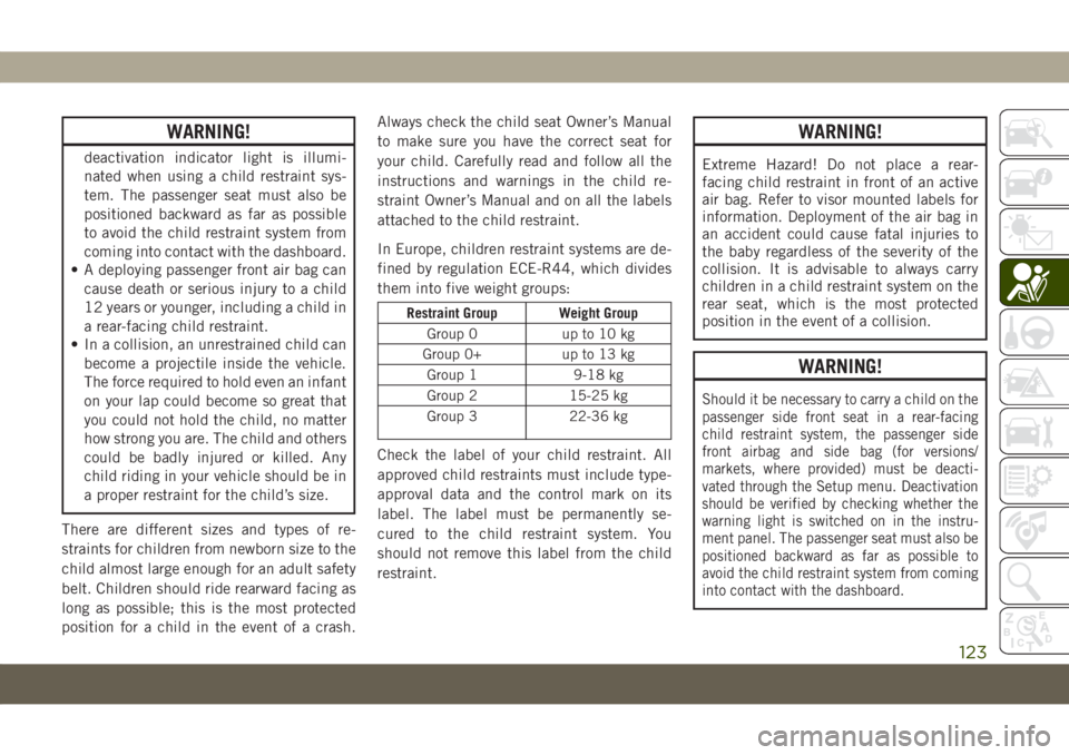 JEEP COMPASS 2019  Owner handbook (in English) WARNING!
deactivation indicator light is illumi-
nated when using a child restraint sys-
tem. The passenger seat must also be
positioned backward as far as possible
to avoid the child restraint system