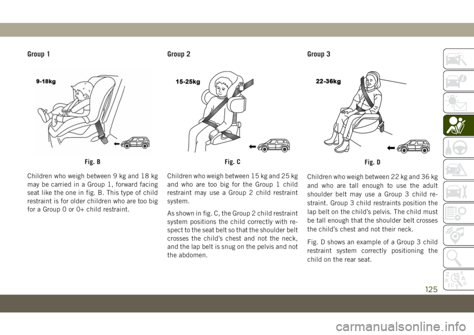 JEEP COMPASS 2019 Owner handbook (in English) Group 1
Children who weigh between 9 kg and 18 kg
may be carried in a Group 1, forward facing
seat like the one in fig. B. This type of child
restraint is for older children who are too big
for a Grou JEEP COMPASS 2019 Owner handbook (in English) Group 1
Children who weigh between 9 kg and 18 kg
may be carried in a Group 1, forward facing
seat like the one in fig. B. This type of child
restraint is for older children who are too big
for a Grou