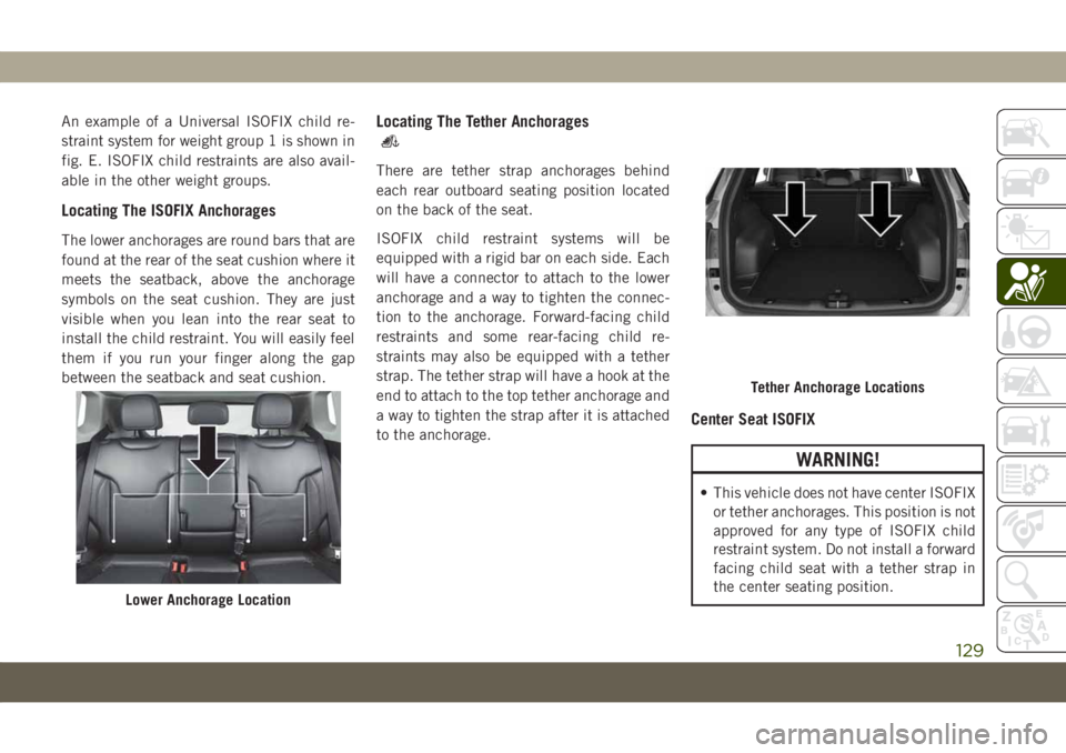 JEEP COMPASS 2019  Owner handbook (in English) An example of a Universal ISOFIX child re-
straint system for weight group 1 is shown in
fig. E. ISOFIX child restraints are also avail-
able in the other weight groups.
Locating The ISOFIX Anchorages