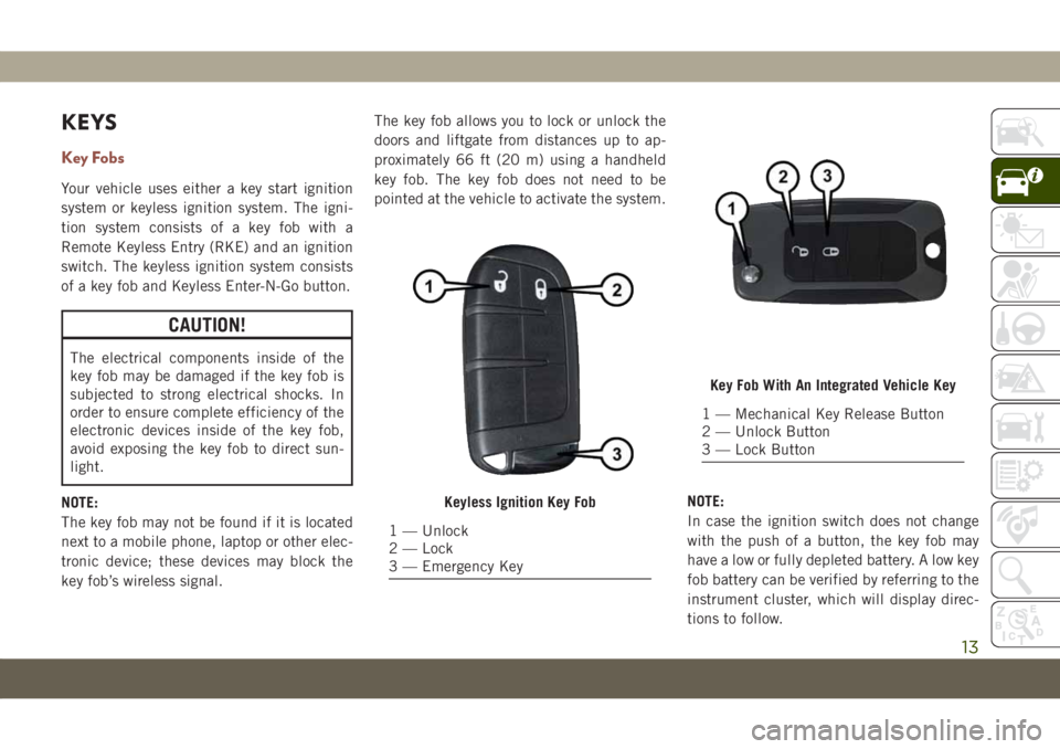 JEEP COMPASS 2019 Owner handbook (in English) KEYS
Key Fobs
Your vehicle uses either a key start ignition
system or keyless ignition system. The igni-
tion system consists of a key fob with a
Remote Keyless Entry (RKE) and an ignition
switch. The JEEP COMPASS 2019 Owner handbook (in English) KEYS
Key Fobs
Your vehicle uses either a key start ignition
system or keyless ignition system. The igni-
tion system consists of a key fob with a
Remote Keyless Entry (RKE) and an ignition
switch. The