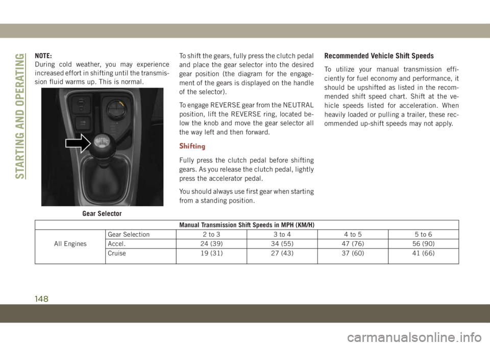 JEEP COMPASS 2019 Owner handbook (in English) NOTE:
During cold weather, you may experience
increased effort in shifting until the transmis-
sion fluid warms up. This is normal.To shift the gears, fully press the clutch pedal
and place the gear s JEEP COMPASS 2019 Owner handbook (in English) NOTE:
During cold weather, you may experience
increased effort in shifting until the transmis-
sion fluid warms up. This is normal.To shift the gears, fully press the clutch pedal
and place the gear s