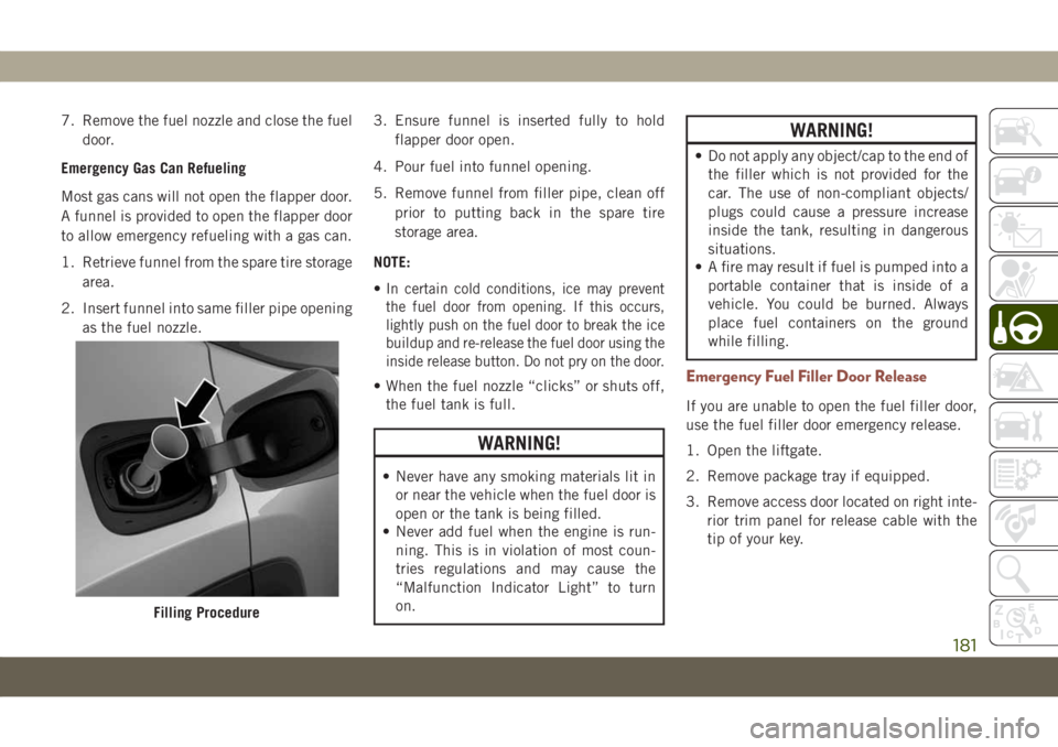 JEEP COMPASS 2019  Owner handbook (in English) 7. Remove the fuel nozzle and close the fuel
door.
Emergency Gas Can Refueling
Most gas cans will not open the flapper door.
A funnel is provided to open the flapper door
to allow emergency refueling 