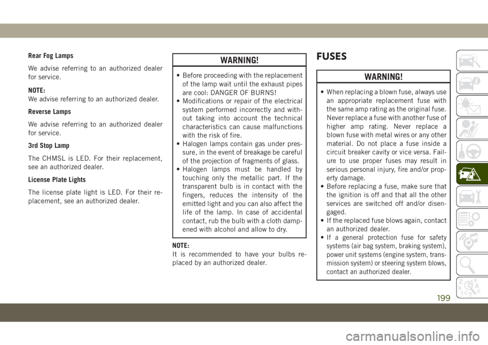 JEEP COMPASS 2019 Owner handbook (in English) Rear Fog Lamps
We advise referring to an authorized dealer
for service.
NOTE:
We advise referring to an authorized dealer.
Reverse Lamps
We advise referring to an authorized dealer
for service.
3rd St JEEP COMPASS 2019 Owner handbook (in English) Rear Fog Lamps
We advise referring to an authorized dealer
for service.
NOTE:
We advise referring to an authorized dealer.
Reverse Lamps
We advise referring to an authorized dealer
for service.
3rd St