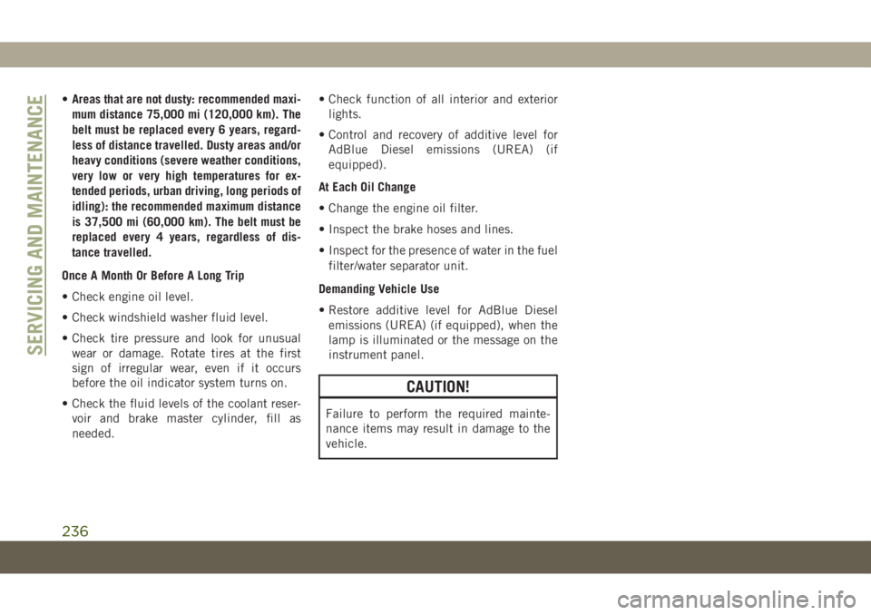 JEEP COMPASS 2019 Owner handbook (in English) •Areas that are not dusty: recommended maxi-
mum distance 75,000 mi (120,000 km). The
belt must be replaced every 6 years, regard-
less of distance travelled. Dusty areas and/or
heavy conditions (se JEEP COMPASS 2019 Owner handbook (in English) •Areas that are not dusty: recommended maxi-
mum distance 75,000 mi (120,000 km). The
belt must be replaced every 6 years, regard-
less of distance travelled. Dusty areas and/or
heavy conditions (se
