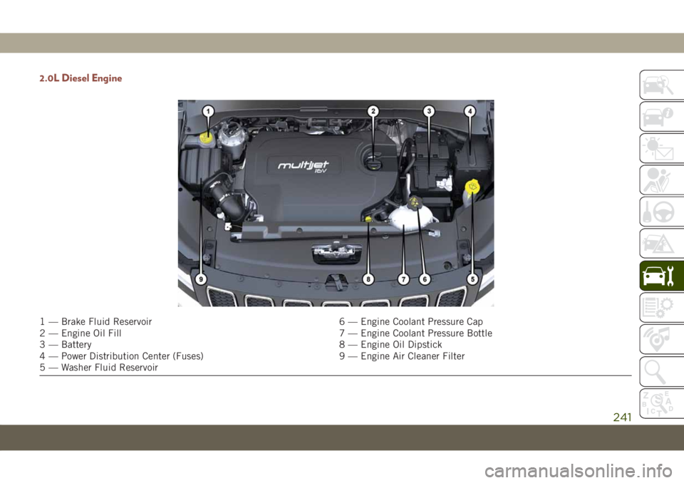 JEEP COMPASS 2019 Owner handbook (in English) 2.0L Diesel Engine
1 — Brake Fluid Reservoir 6 — Engine Coolant Pressure Cap
2 — Engine Oil Fill 7 — Engine Coolant Pressure Bottle
3 — Battery 8 — Engine Oil Dipstick
4 — Power Distribu JEEP COMPASS 2019 Owner handbook (in English) 2.0L Diesel Engine
1 — Brake Fluid Reservoir 6 — Engine Coolant Pressure Cap
2 — Engine Oil Fill 7 — Engine Coolant Pressure Bottle
3 — Battery 8 — Engine Oil Dipstick
4 — Power Distribu