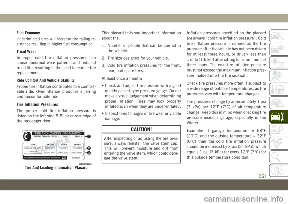 JEEP COMPASS 2019 Owner handbook (in English) Fuel Economy
Underinflated tires will increase tire rolling re-
sistance resulting in higher fuel consumption.
Tread Wear
Improper cold tire inflation pressures can
cause abnormal wear patterns and re JEEP COMPASS 2019 Owner handbook (in English) Fuel Economy
Underinflated tires will increase tire rolling re-
sistance resulting in higher fuel consumption.
Tread Wear
Improper cold tire inflation pressures can
cause abnormal wear patterns and re