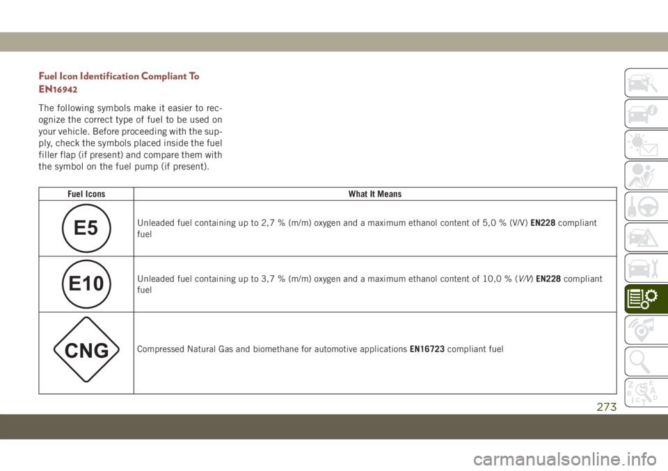 JEEP COMPASS 2019 Owner handbook (in English) Fuel Icon Identification Compliant To
EN16942
The following symbols make it easier to rec-
ognize the correct type of fuel to be used on
your vehicle. Before proceeding with the sup-
ply, check the sy JEEP COMPASS 2019 Owner handbook (in English) Fuel Icon Identification Compliant To
EN16942
The following symbols make it easier to rec-
ognize the correct type of fuel to be used on
your vehicle. Before proceeding with the sup-
ply, check the sy