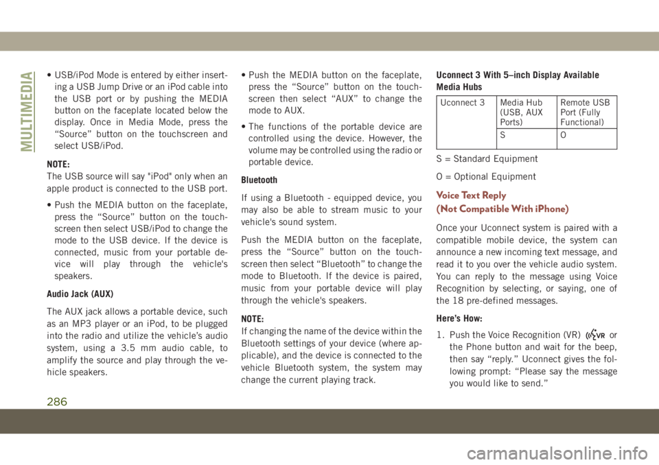 JEEP COMPASS 2019  Owner handbook (in English) • USB/iPod Mode is entered by either insert-
ing a USB Jump Drive or an iPod cable into
the USB port or by pushing the MEDIA
button on the faceplate located below the
display. Once in Media Mode, pr