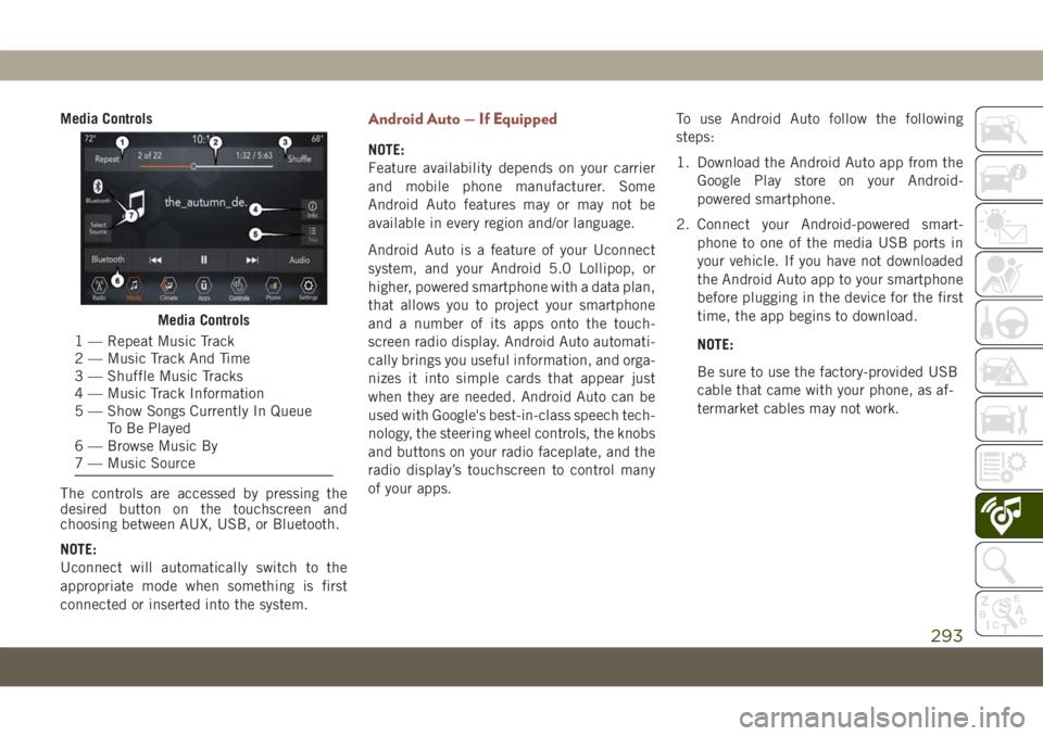 JEEP COMPASS 2019 Owner handbook (in English) Media Controls
The controls are accessed by pressing the
desired button on the touchscreen and
choosing between AUX, USB, or Bluetooth.
NOTE:
Uconnect will automatically switch to the
appropriate mode JEEP COMPASS 2019 Owner handbook (in English) Media Controls
The controls are accessed by pressing the
desired button on the touchscreen and
choosing between AUX, USB, or Bluetooth.
NOTE:
Uconnect will automatically switch to the
appropriate mode