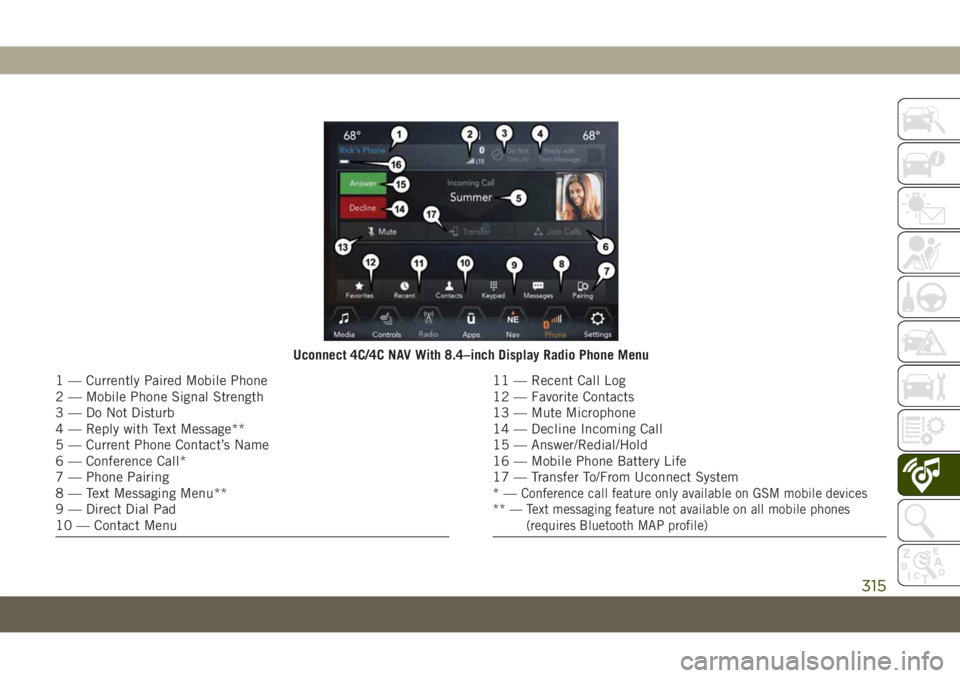 JEEP COMPASS 2019 Owner handbook (in English) Uconnect 4C/4C NAV With 8.4–inch Display Radio Phone Menu
1 — Currently Paired Mobile Phone
2 — Mobile Phone Signal Strength
3 — Do Not Disturb
4 — Reply with Text Message**
5 — Current Ph JEEP COMPASS 2019 Owner handbook (in English) Uconnect 4C/4C NAV With 8.4–inch Display Radio Phone Menu
1 — Currently Paired Mobile Phone
2 — Mobile Phone Signal Strength
3 — Do Not Disturb
4 — Reply with Text Message**
5 — Current Ph