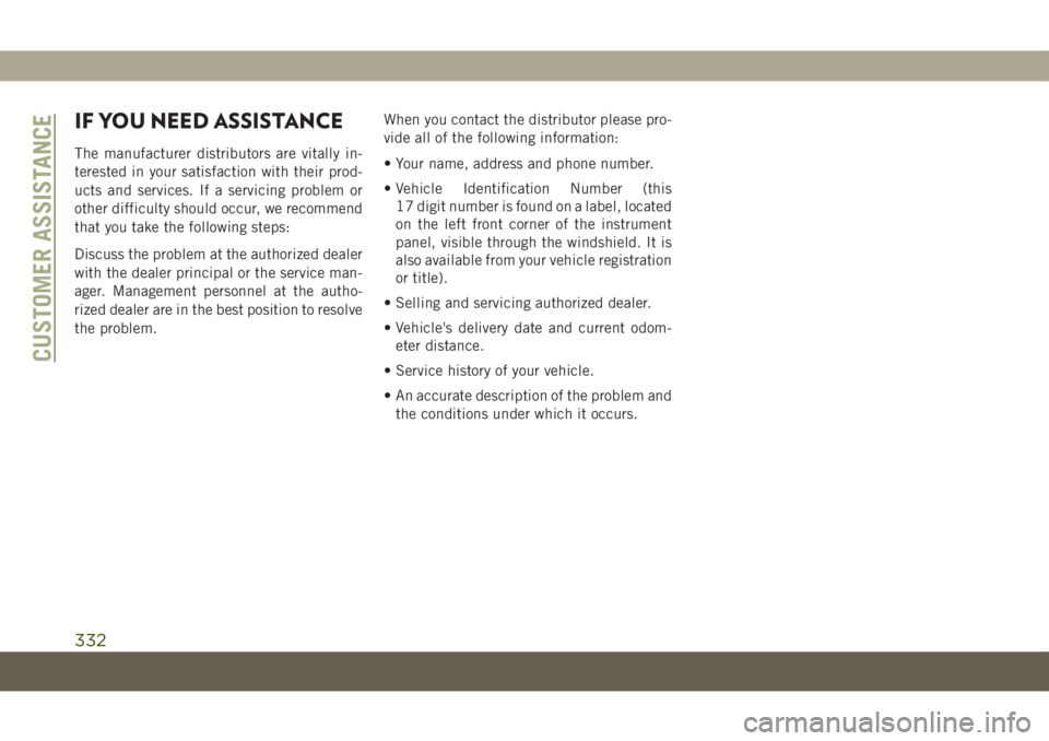JEEP COMPASS 2019  Owner handbook (in English) IF YOU NEED ASSISTANCE
The manufacturer distributors are vitally in-
terested in your satisfaction with their prod-
ucts and services. If a servicing problem or
other difficulty should occur, we recom