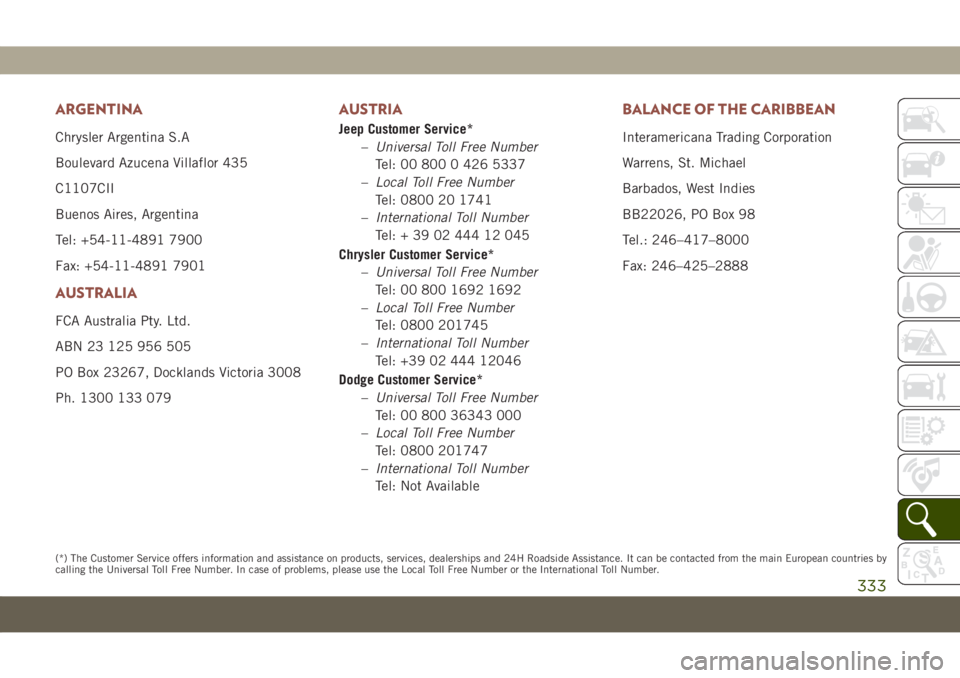 JEEP COMPASS 2019  Owner handbook (in English) ARGENTINA
Chrysler Argentina S.A
Boulevard Azucena Villaflor 435
C1107CII
Buenos Aires, Argentina
Tel: +54-11-4891 7900
Fax: +54-11-4891 7901
AUSTRALIA
FCA Australia Pty. Ltd.
ABN 23 125 956 505
PO Bo