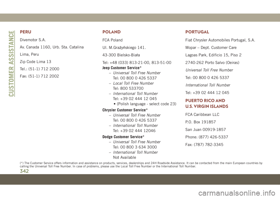 JEEP COMPASS 2019 Owner handbook (in English) PERU
Divemotor S.A.
Av. Canada 1160, Urb. Sta. Catalina
Lima, Peru
Zip Code Lima 13
Tel.: (51-1) 712 2000
Fax: (51-1) 712 2002
POLAND
FCA Poland
Ul. M.Grażyńskiego 141.
43-300 Bielsko-Biała
Tel: +4 JEEP COMPASS 2019 Owner handbook (in English) PERU
Divemotor S.A.
Av. Canada 1160, Urb. Sta. Catalina
Lima, Peru
Zip Code Lima 13
Tel.: (51-1) 712 2000
Fax: (51-1) 712 2002
POLAND
FCA Poland
Ul. M.Grażyńskiego 141.
43-300 Bielsko-Biała
Tel: +4