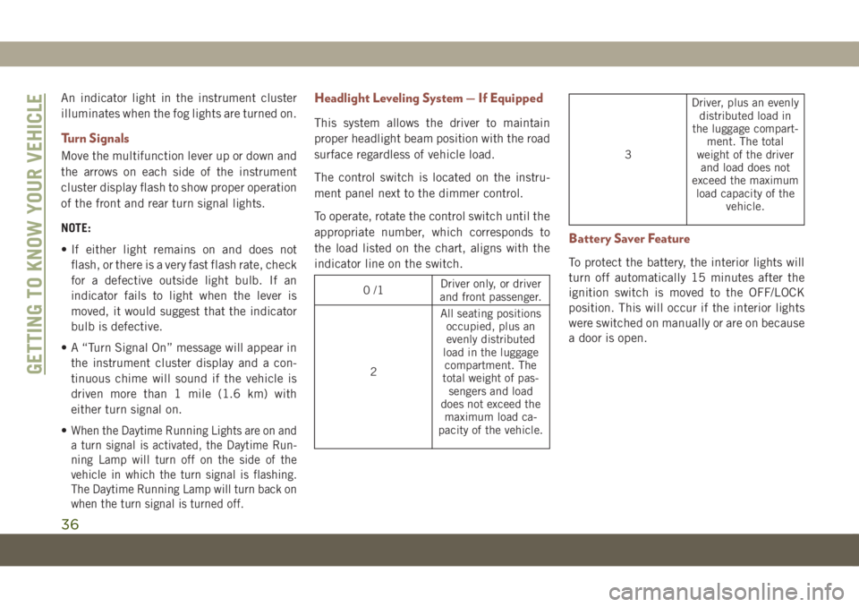 JEEP COMPASS 2019  Owner handbook (in English) An indicator light in the instrument cluster
illuminates when the fog lights are turned on.
Turn Signals
Move the multifunction lever up or down and
the arrows on each side of the instrument
cluster d