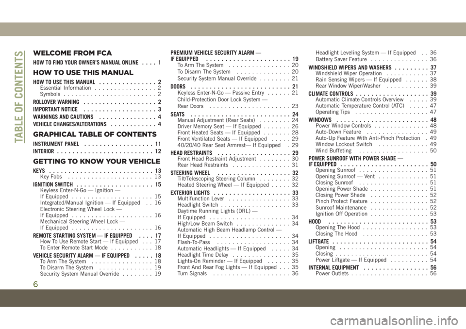 JEEP COMPASS 2019  Owner handbook (in English) WELCOME FROM FCA
HOW TO FIND YOUR OWNER’S MANUAL ONLINE.... 1
HOW TO USE THIS MANUAL
HOW TO USE THIS MANUAL............... 2Essential Information................ 2
Symbols........................ 2
