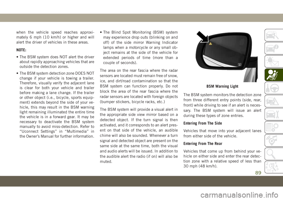JEEP COMPASS 2019 Owner handbook (in English) when the vehicle speed reaches approxi-
mately 6 mph (10 km/h) or higher and will
alert the driver of vehicles in these areas.
NOTE:
• The BSM system does NOT alert the driver
about rapidly approach JEEP COMPASS 2019 Owner handbook (in English) when the vehicle speed reaches approxi-
mately 6 mph (10 km/h) or higher and will
alert the driver of vehicles in these areas.
NOTE:
• The BSM system does NOT alert the driver
about rapidly approach