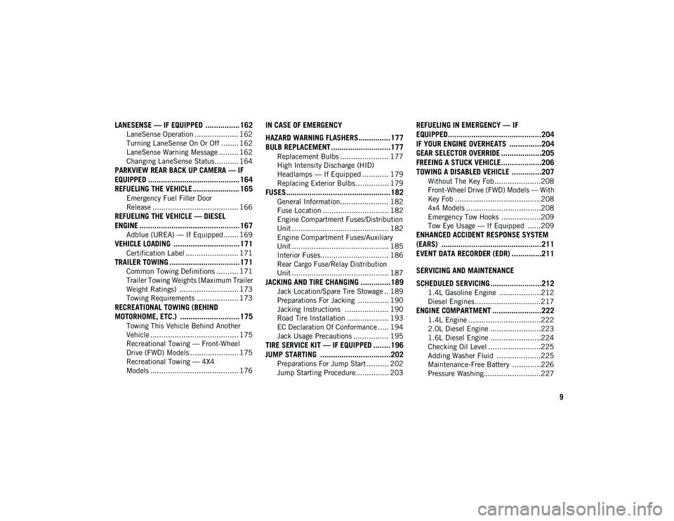 JEEP COMPASS 2020 Owner handbook (in English) 9
LANESENSE — IF EQUIPPED ................ 162
LaneSense Operation .................... 162
Turning LaneSense On Or Off ........ 162
LaneSense Warning Message ......... 162
Changing LaneSense Statu JEEP COMPASS 2020 Owner handbook (in English) 9
LANESENSE — IF EQUIPPED ................ 162
LaneSense Operation .................... 162
Turning LaneSense On Or Off ........ 162
LaneSense Warning Message ......... 162
Changing LaneSense Statu