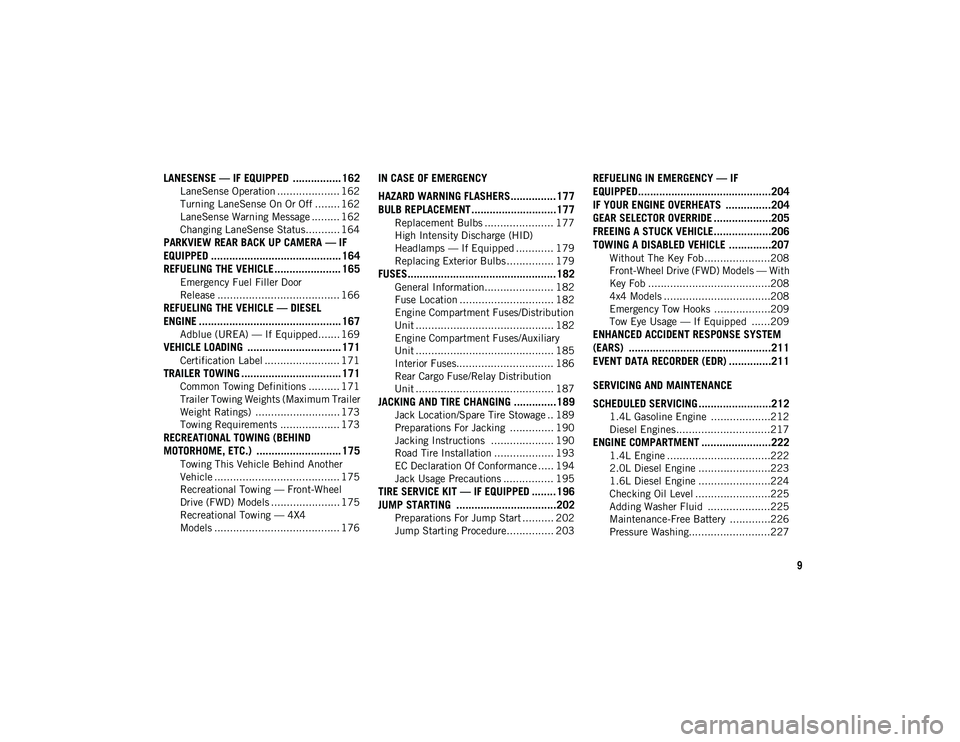 JEEP COMPASS 2021  Owner handbook (in English) 9
LANESENSE — IF EQUIPPED  ................ 162
LaneSense Operation .................... 162
Turning LaneSense On Or Off ........ 162
LaneSense Warning Message ......... 162
Changing LaneSense Statu