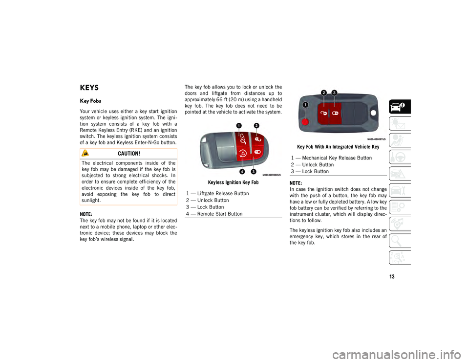 JEEP COMPASS 2020 Owner handbook (in English) 13
GETTING TO KNOW YOUR VEHICLE
KEYS
Key Fobs
Your vehicle uses either a key start ignition
system or keyless ignition system. The igni-
tion system consists of a key fob with a JEEP COMPASS 2020 Owner handbook (in English) 13
GETTING TO KNOW YOUR VEHICLE
KEYS
Key Fobs
Your vehicle uses either a key start ignition
system or keyless ignition system. The igni-
tion system consists of a key fob with a