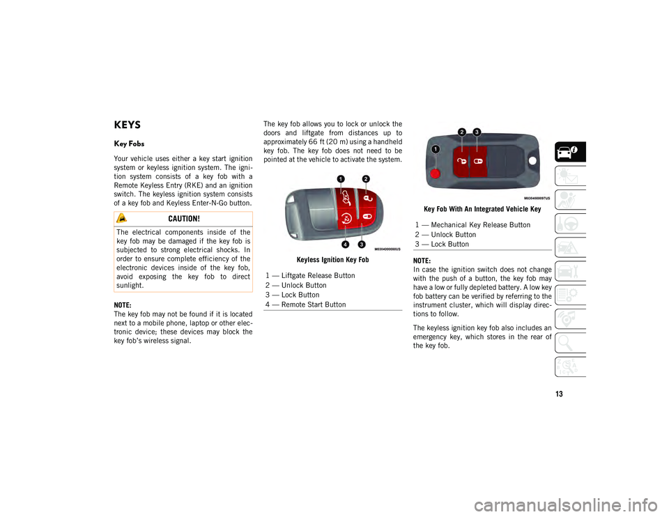 JEEP COMPASS 2020  Owner handbook (in English) 13
GETTING TO KNOW YOUR VEHICLE
KEYS 
Key Fobs 
Your  vehicle  uses  either  a  key  start  ignition
system  or  keyless  ignition  system.  The  igni-
tion  system  consists  of  a  key  fob  with  a