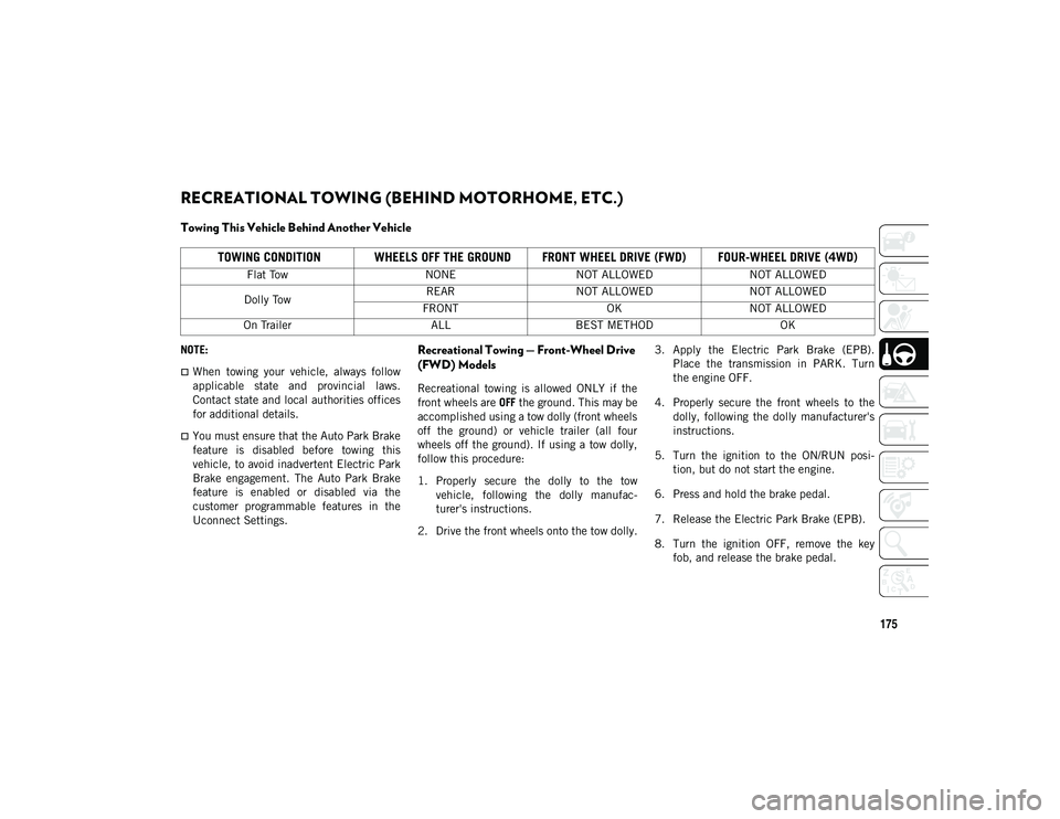 JEEP COMPASS 2021  Owner handbook (in English) 175
RECREATIONAL TOWING (BEHIND MOTORHOME, ETC.) 
Towing This Vehicle Behind Another Vehicle
NOTE:
When  towing  your  vehicle,  always  follow
applicable  state  and  provincial  laws.
Contact sta