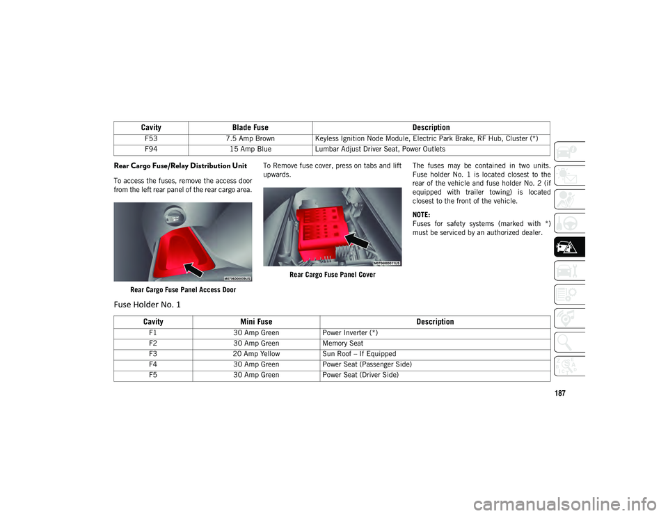 JEEP COMPASS 2020 Owner handbook (in English) 187
Rear Cargo Fuse/Relay Distribution Unit
To access the fuses, remove the access door
from the left rear panel of the rear cargo area.Rear Cargo Fuse Panel Access Door To Remove fuse cover, press on JEEP COMPASS 2020 Owner handbook (in English) 187
Rear Cargo Fuse/Relay Distribution Unit
To access the fuses, remove the access door
from the left rear panel of the rear cargo area.Rear Cargo Fuse Panel Access Door To Remove fuse cover, press on