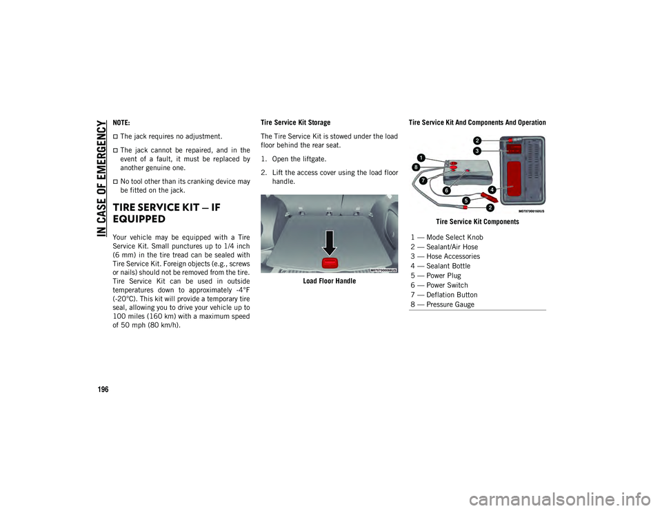 JEEP COMPASS 2020 Owner handbook (in English) IN CASE OF EMERGENCY
196
NOTE:
The jack requires no adjustment.
The jack cannot be repaired, and in the
event of a fault, it must be replaced by
another genuine one.
No tool ot JEEP COMPASS 2020 Owner handbook (in English) IN CASE OF EMERGENCY
196
NOTE:
The jack requires no adjustment.
The jack cannot be repaired, and in the
event of a fault, it must be replaced by
another genuine one.
No tool ot