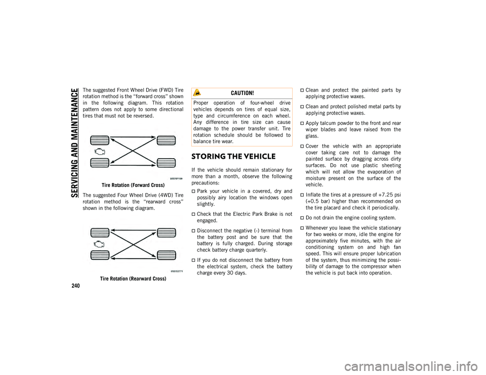 JEEP COMPASS 2020 Owner handbook (in English) SERVICING AND MAINTENANCE
240
The suggested Front Wheel Drive (FWD) Tire
rotation method is the “forward cross” shown
in the following diagram. This rotation
pattern does not apply to so JEEP COMPASS 2020 Owner handbook (in English) SERVICING AND MAINTENANCE
240
The suggested Front Wheel Drive (FWD) Tire
rotation method is the “forward cross” shown
in the following diagram. This rotation
pattern does not apply to so