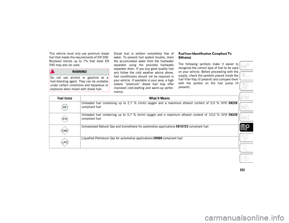 JEEP COMPASS 2021  Owner handbook (in English) 253
This  vehicle  must  only  use  premium  diesel
fuel that meets the requirements of EN 590.
Biodiesel  blends  up  to  7%  that  meet  EN
590 may also be used.Diesel  fuel  is  seldom  completely 