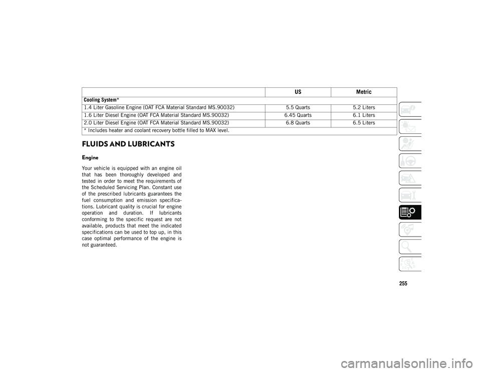 JEEP COMPASS 2020 Owner handbook (in English) 255
FLUIDS AND LUBRICANTS
Engine
Your vehicle is equipped with an engine oil
that has been thoroughly developed and
tested in order to meet the requirements of
the Scheduled Servi JEEP COMPASS 2020 Owner handbook (in English) 255
FLUIDS AND LUBRICANTS
Engine
Your vehicle is equipped with an engine oil
that has been thoroughly developed and
tested in order to meet the requirements of
the Scheduled Servi