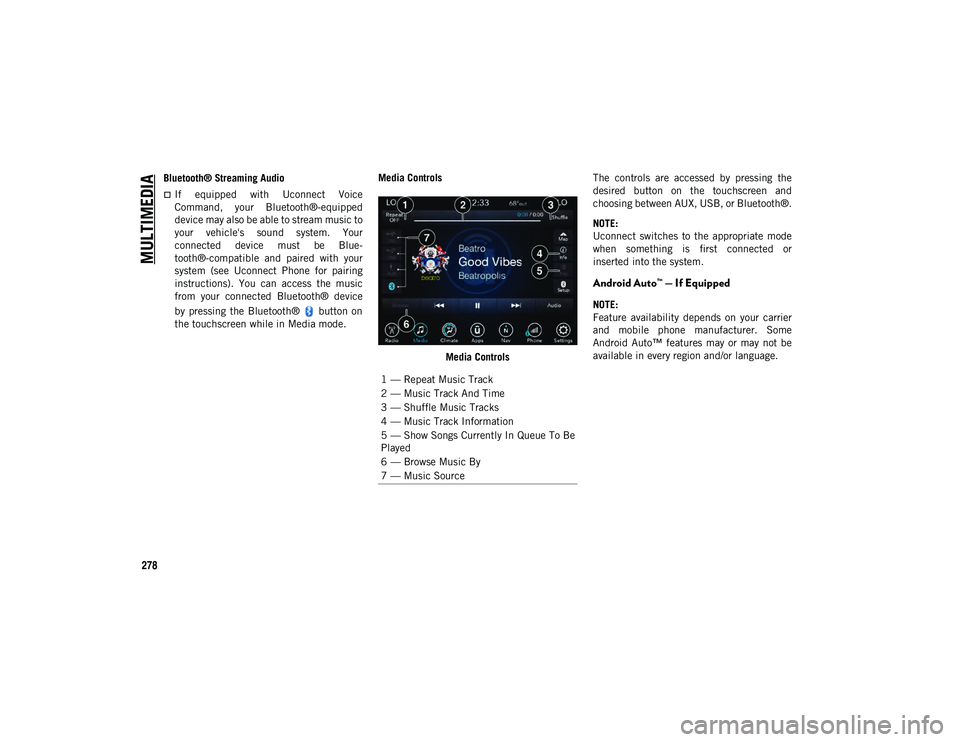 JEEP COMPASS 2020 Owner handbook (in English) MULTIMEDIA
278
Bluetooth® Streaming Audio
If equipped with Uconnect Voice
Command, your Bluetooth®-equipped
device may also be able to stream music to
your vehicle's sound system. JEEP COMPASS 2020 Owner handbook (in English) MULTIMEDIA
278
Bluetooth® Streaming Audio
If equipped with Uconnect Voice
Command, your Bluetooth®-equipped
device may also be able to stream music to
your vehicle's sound system.