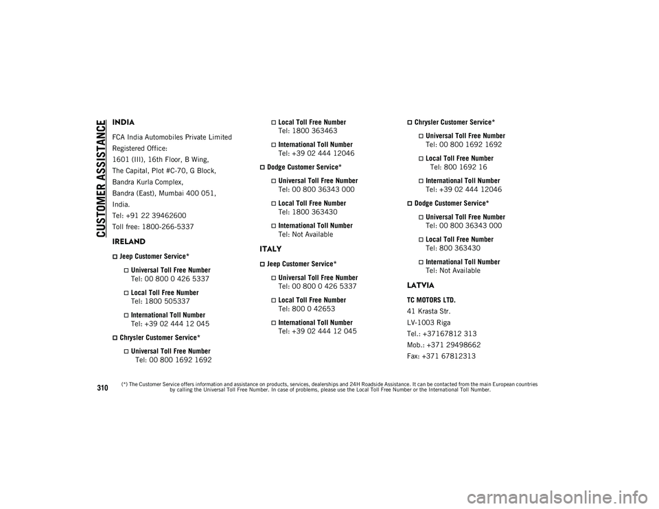 JEEP COMPASS 2021 Owner handbook (in English) CUSTOMER ASSISTANCE
310
INDIA
FCA India Automobiles Private Limited
Registered Office:
1601 (III), 16th Floor, B Wing,
The Capital, Plot #C-70, G Block,
Bandra Kurla Complex,
Bandra (East), Mumbai 400 JEEP COMPASS 2021 Owner handbook (in English) CUSTOMER ASSISTANCE
310
INDIA
FCA India Automobiles Private Limited
Registered Office:
1601 (III), 16th Floor, B Wing,
The Capital, Plot #C-70, G Block,
Bandra Kurla Complex,
Bandra (East), Mumbai 400
