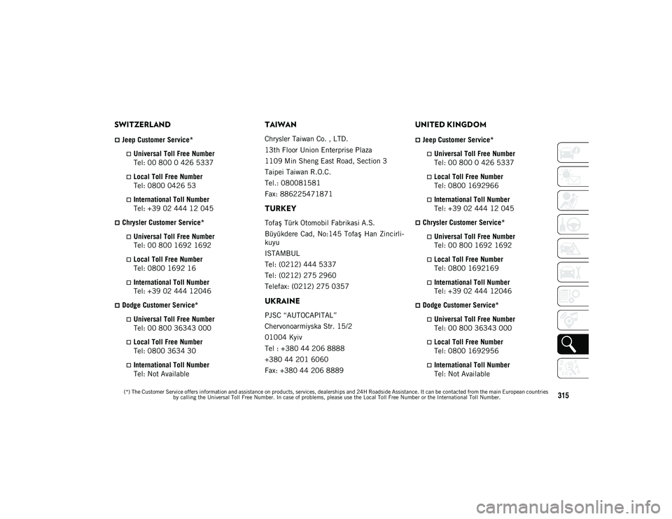 JEEP COMPASS 2021 Owner handbook (in English) 315
SWITZERLAND
Jeep Customer Service*
Universal Toll Free Number
Tel: 00 800 0 426 5337
Local Toll Free Number
Tel: 0800 0426 53
International Toll Number
Tel: +39 02 444 12 045
JEEP COMPASS 2021 Owner handbook (in English) 315
SWITZERLAND
Jeep Customer Service*
Universal Toll Free Number
Tel: 00 800 0 426 5337
Local Toll Free Number
Tel: 0800 0426 53
International Toll Number
Tel: +39 02 444 12 045
