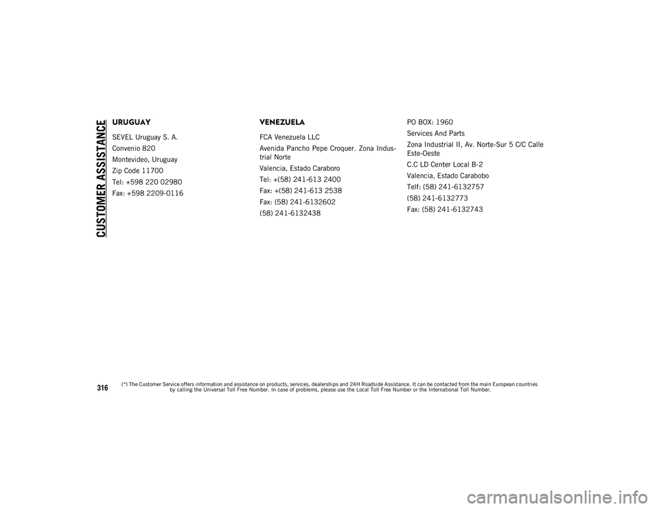 JEEP COMPASS 2021 Owner handbook (in English) CUSTOMER ASSISTANCE
316
URUGUAY
SEVEL Uruguay S. A.
Convenio 820
Montevideo, Uruguay
Zip Code 11700
Tel: +598 220 02980
Fax: +598 2209-0116
VENEZUELA
FCA Venezuela LLC
Avenida Pancho Pepe Croquer. JEEP COMPASS 2021 Owner handbook (in English) CUSTOMER ASSISTANCE
316
URUGUAY
SEVEL Uruguay S. A.
Convenio 820
Montevideo, Uruguay
Zip Code 11700
Tel: +598 220 02980
Fax: +598 2209-0116
VENEZUELA
FCA Venezuela LLC
Avenida Pancho Pepe Croquer.