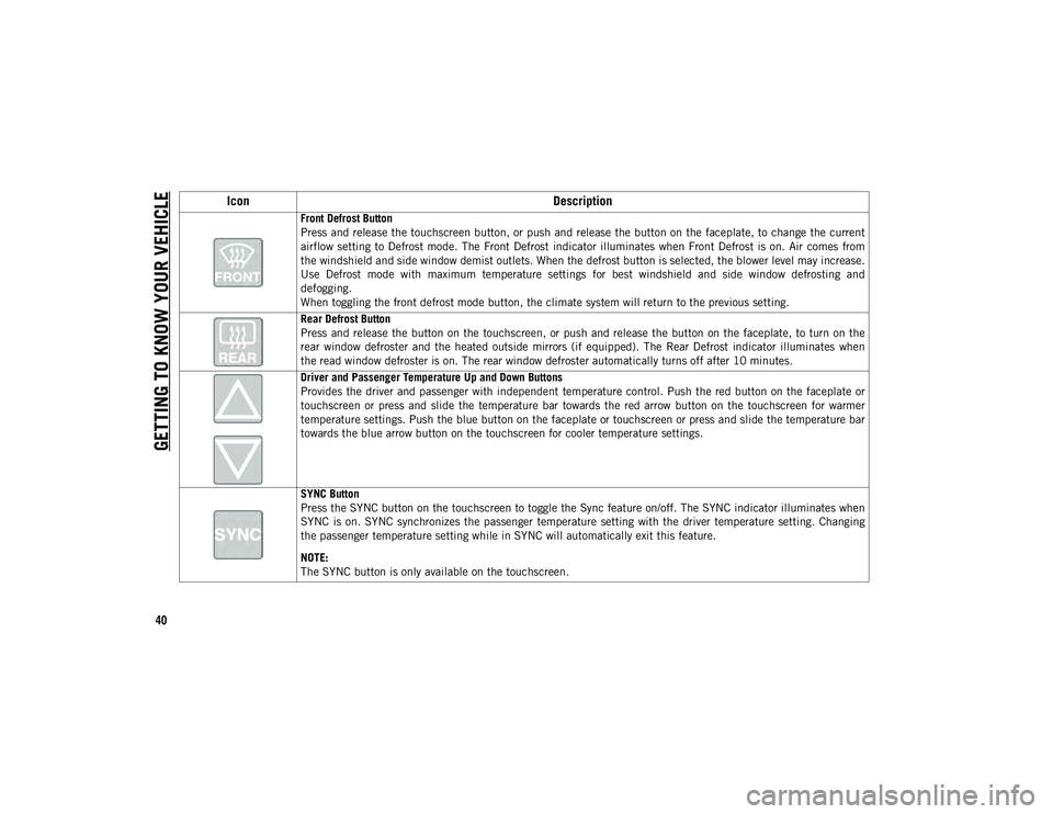 JEEP COMPASS 2020  Owner handbook (in English) GETTING TO KNOW YOUR VEHICLE
40
Front Defrost Button  
Press and release the touchscreen button, or push and release the button on the faceplate, to change the current
airflow setting to Defrost  mode