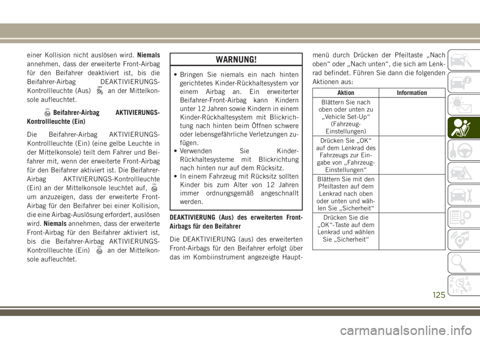 JEEP COMPASS 2018  Betriebsanleitung (in German) einer Kollision nicht auslösen wird.Niemals
annehmen, dass der erweiterte Front-Airbag
für den Beifahrer deaktiviert ist, bis die
Beifahrer-Airbag DEAKTIVIERUNGS-
Kontrollleuchte (Aus)
an der Mittel