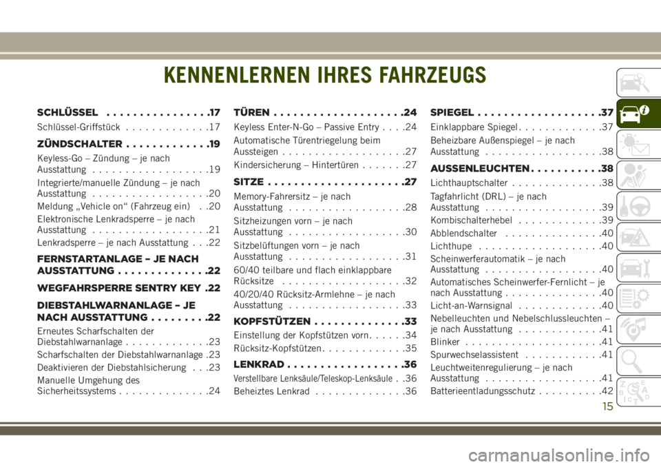 JEEP COMPASS 2018  Betriebsanleitung (in German) KENNENLERNEN IHRES FAHRZEUGS
SCHLÜSSEL................17
Schlüssel-Griffstück.............17
ZÜNDSCHALTER.............19
Keyless-Go – Zündung – je nach
Ausstattung..................19
Integri