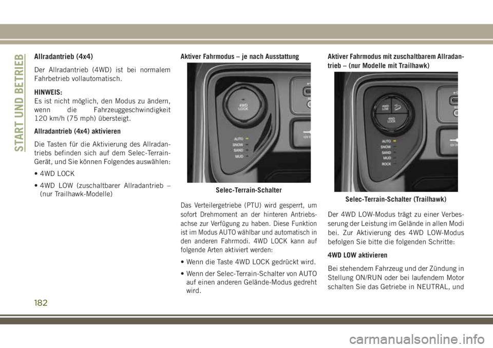 JEEP COMPASS 2018 Betriebsanleitung (in German) Allradantrieb (4x4)
Der Allradantrieb (4WD) ist bei normalem
Fahrbetrieb vollautomatisch.
HINWEIS:
Es ist nicht möglich, den Modus zu ändern,
wenn die Fahrzeuggeschwindigkeit
120 km/h (75 mph) über JEEP COMPASS 2018 Betriebsanleitung (in German) Allradantrieb (4x4)
Der Allradantrieb (4WD) ist bei normalem
Fahrbetrieb vollautomatisch.
HINWEIS:
Es ist nicht möglich, den Modus zu ändern,
wenn die Fahrzeuggeschwindigkeit
120 km/h (75 mph) über