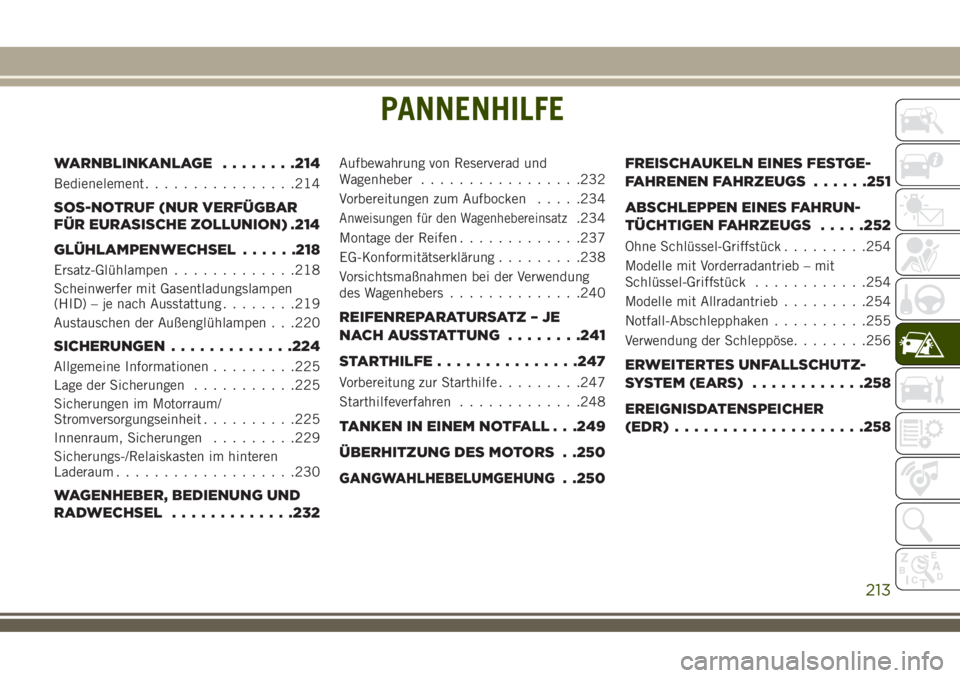 JEEP COMPASS 2018 Betriebsanleitung (in German) PANNENHILFE
WARNBLINKANLAGE........214
Bedienelement................214
SOS-NOTRUF (NUR VERFÜGBAR
FÜR EURASISCHE ZOLLUNION) .214
GLÜHLAMPENWECHSEL......218
Ersatz-Glühlampen.............218
Schein JEEP COMPASS 2018 Betriebsanleitung (in German) PANNENHILFE
WARNBLINKANLAGE........214
Bedienelement................214
SOS-NOTRUF (NUR VERFÜGBAR
FÜR EURASISCHE ZOLLUNION) .214
GLÜHLAMPENWECHSEL......218
Ersatz-Glühlampen.............218
Schein