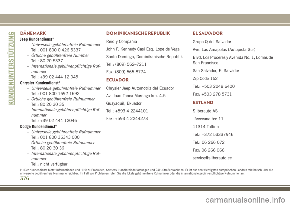 JEEP COMPASS 2018  Betriebsanleitung (in German) DÄNEMARK
Jeep Kundendienst*
–Universelle gebührenfreie Rufnummer
Tel.: 001 800 0 426 5337
–Örtliche gebührenfreie Nummer
Tel.: 80 20 5337
–Internationale gebührenpflichtige Ruf-
nummer
Tel.