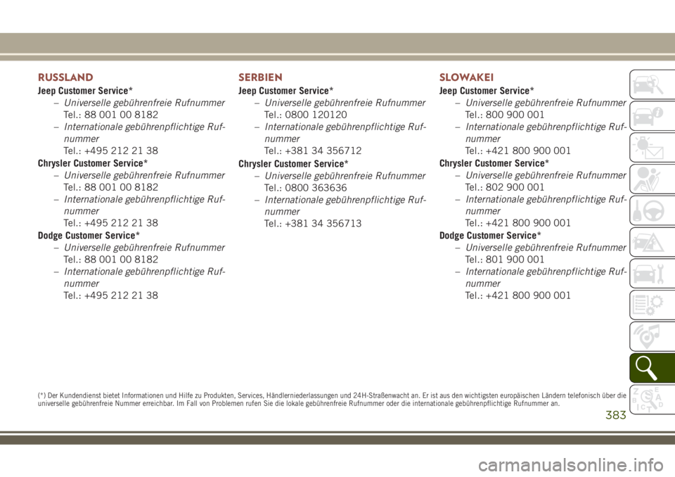 JEEP COMPASS 2018  Betriebsanleitung (in German) RUSSLAND
Jeep Customer Service*
–Universelle gebührenfreie Rufnummer
Tel.: 88 001 00 8182
–Internationale gebührenpflichtige Ruf-
nummer
Tel.: +495 212 21 38
Chrysler Customer Service*
–Univer