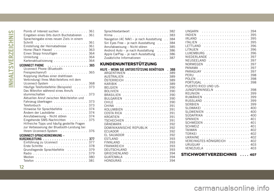 JEEP COMPASS 2019 Betriebsanleitung (in German) Points of Interest suchen............ 361
Eingeben eines Orts durch Buchstabieren . . 361
Spracheingabe eines neuen Ziels in einem
Schritt....................... 361
Einstellung der Heimatadresse..... JEEP COMPASS 2019 Betriebsanleitung (in German) Points of Interest suchen............ 361
Eingeben eines Orts durch Buchstabieren . . 361
Spracheingabe eines neuen Ziels in einem
Schritt....................... 361
Einstellung der Heimatadresse.....