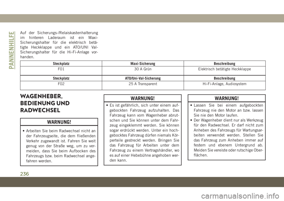 JEEP COMPASS 2019  Betriebsanleitung (in German) Auf der Sicherungs-/Relaiskastenhalterung
im hinteren Laderaum ist ein Maxi-
Sicherungshalter für die elektrisch betä-
tigte Heckklappe und ein ATO/UNI Val-
Sicherungshalter für die Hi-Fi-Anlage vo